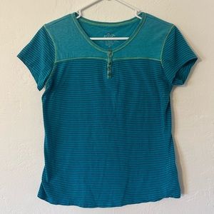 Kuhl Womens T-Shirt Medium Blue Short Sleeve 1/4 Button Organic Outdoor Shirt